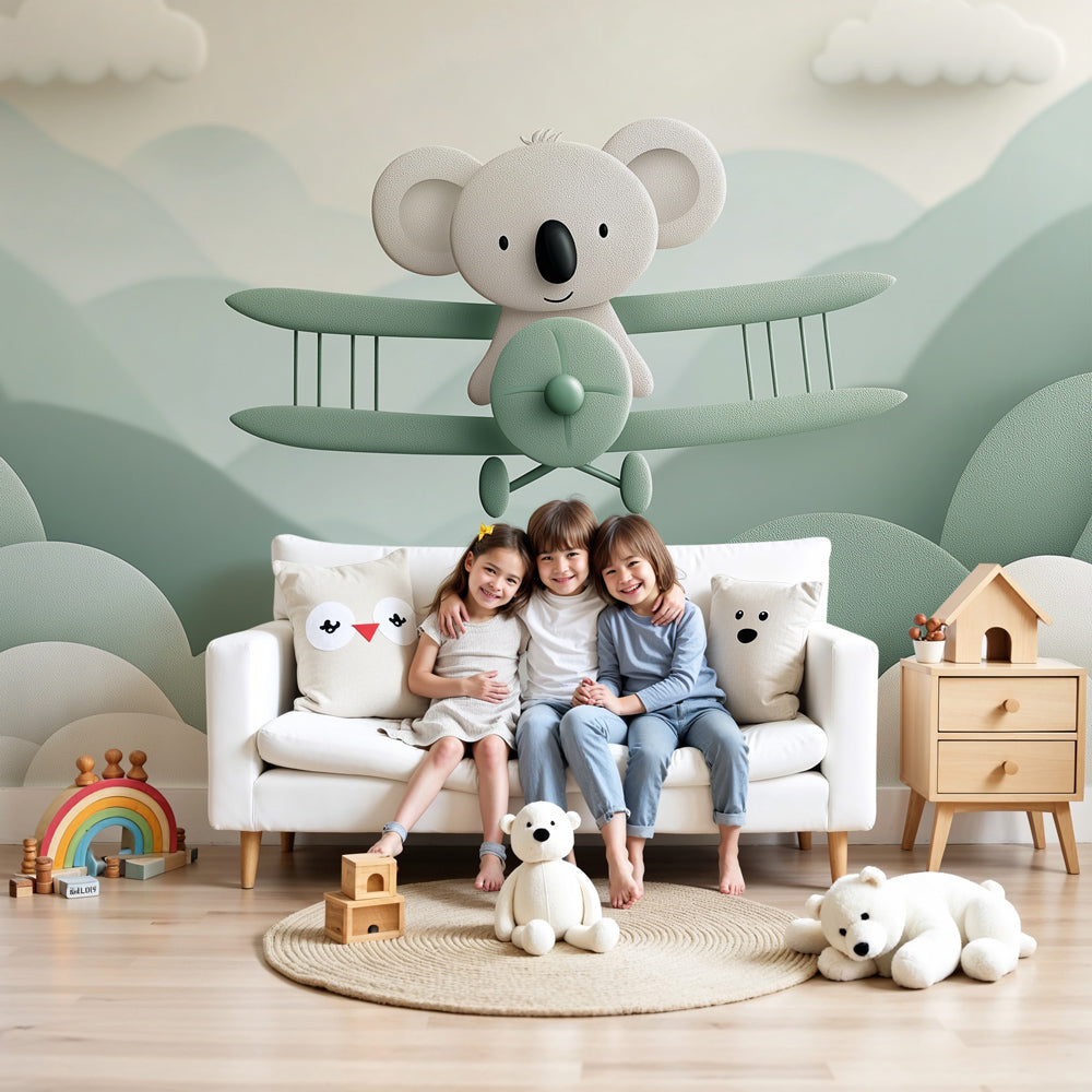 Koala pilot adventure mural wallpaper in modern nursery with wooden crib by Kids-Mundo