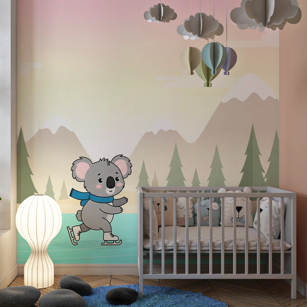 Winter koala wallpaper creating cozy children's bedroom with mountain lake scene