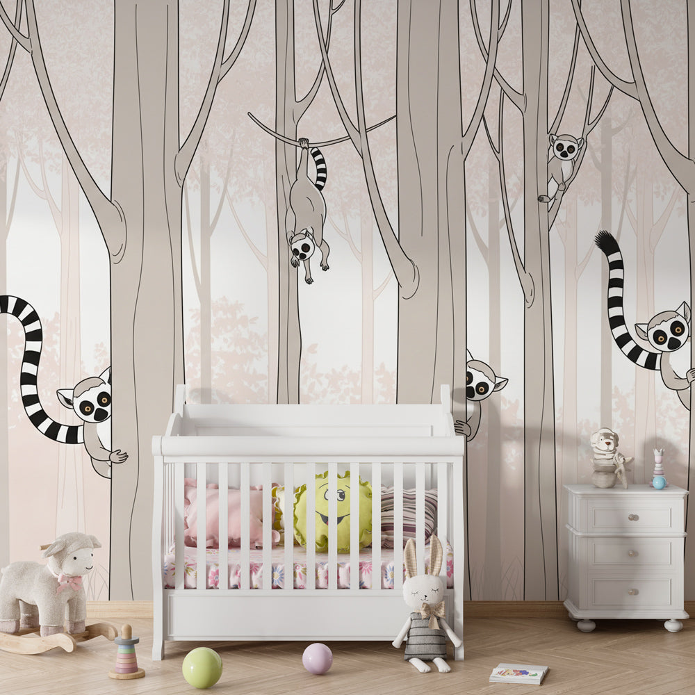 Playful lemur wallpaper transforming children's bedroom into subtropical forest adventure space