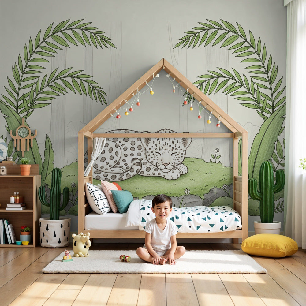 Sleeping leopard jungle mural wallpaper in modern nursery with natural wood furniture by Kids-Mundo