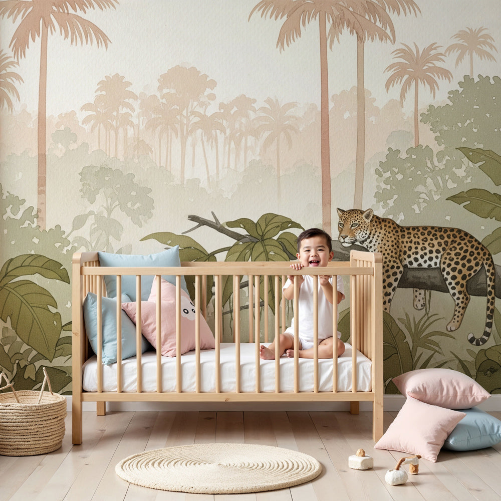 Leopard jungle mural wallpaper creating safari adventure theme in modern kids nursery by Kids-Mundo