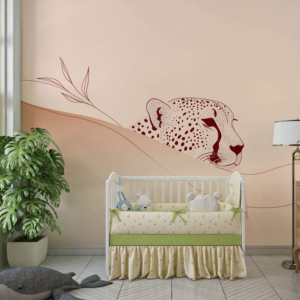 Gentle safari leopard wallpaper in neutral tones for peaceful baby room decor
