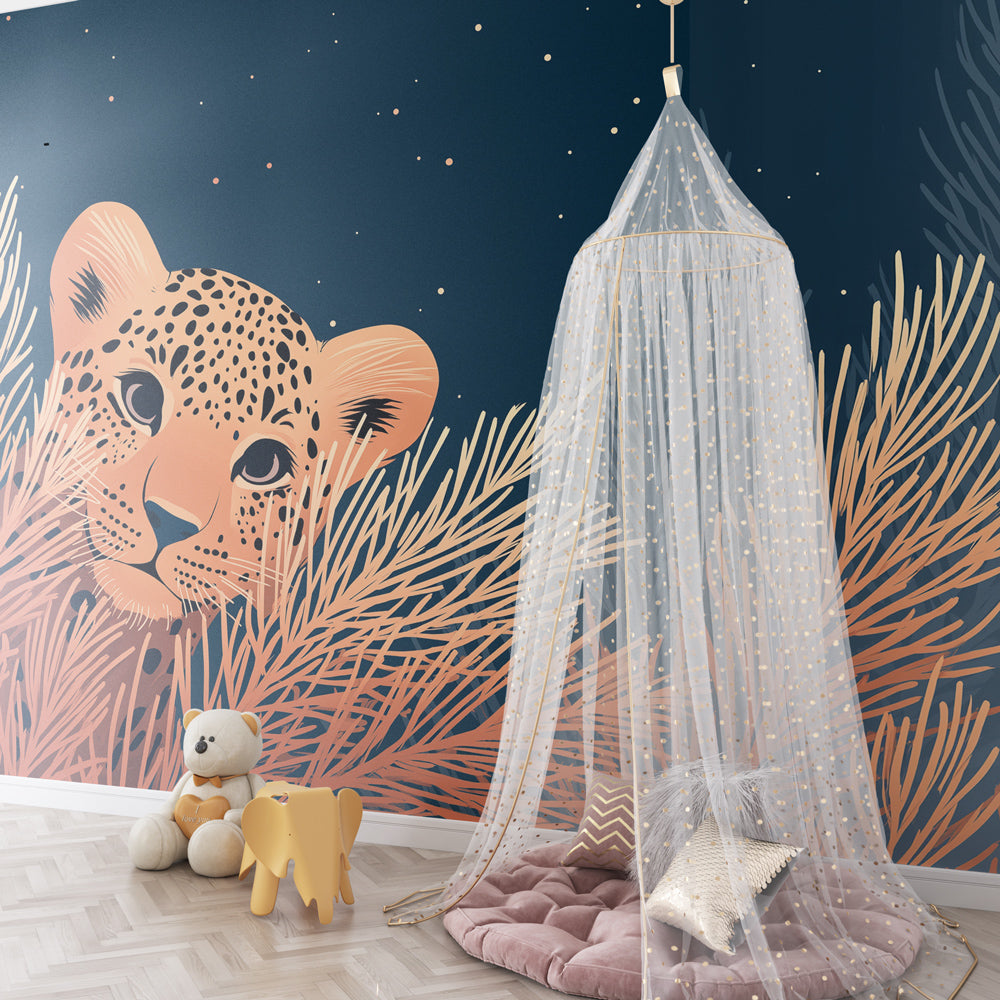 Safari leopard wallpaper creating adventurous kids bedroom with jungle atmosphere