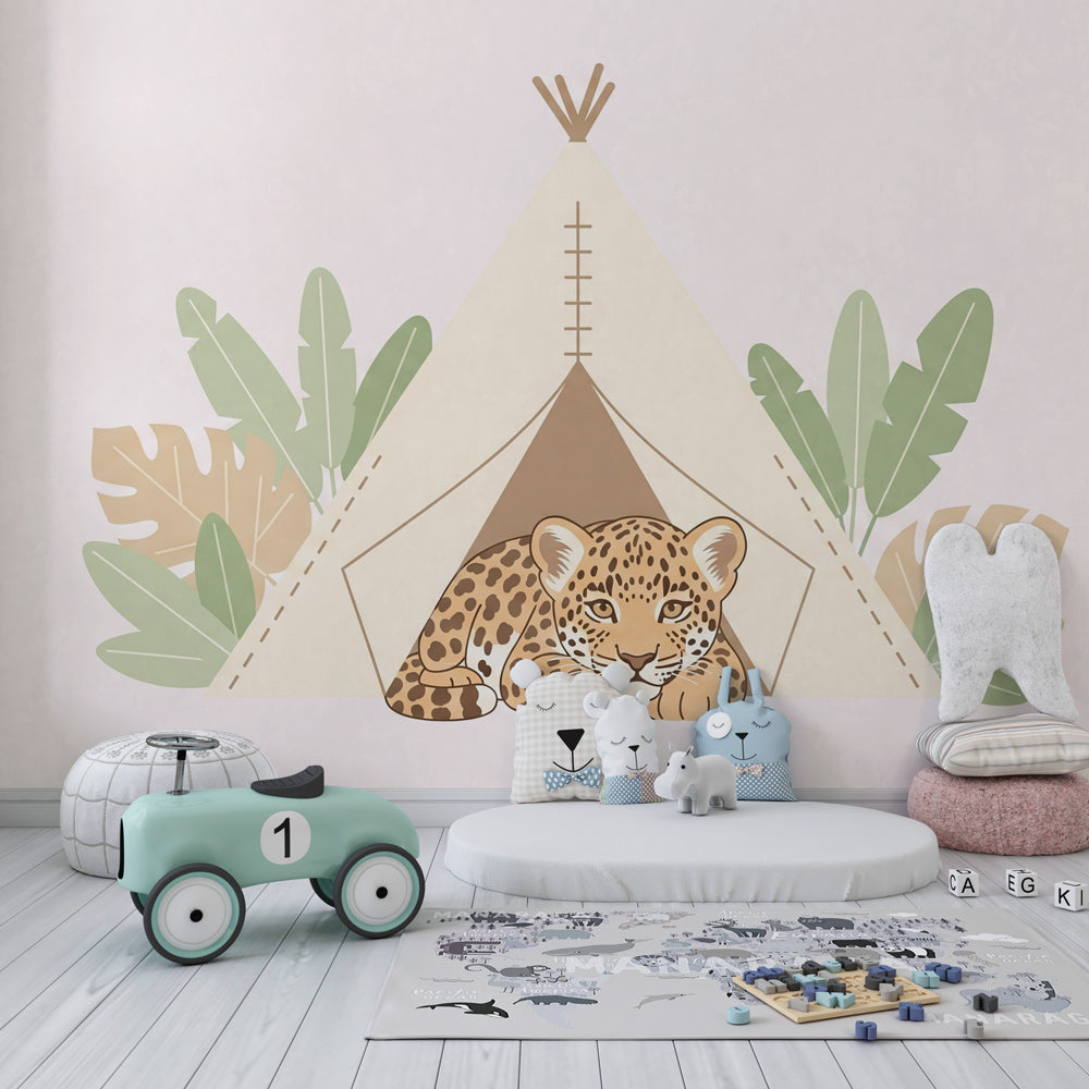 Tropical leopard tent wallpaper creating calming atmosphere in children's bedroom with soft lighting