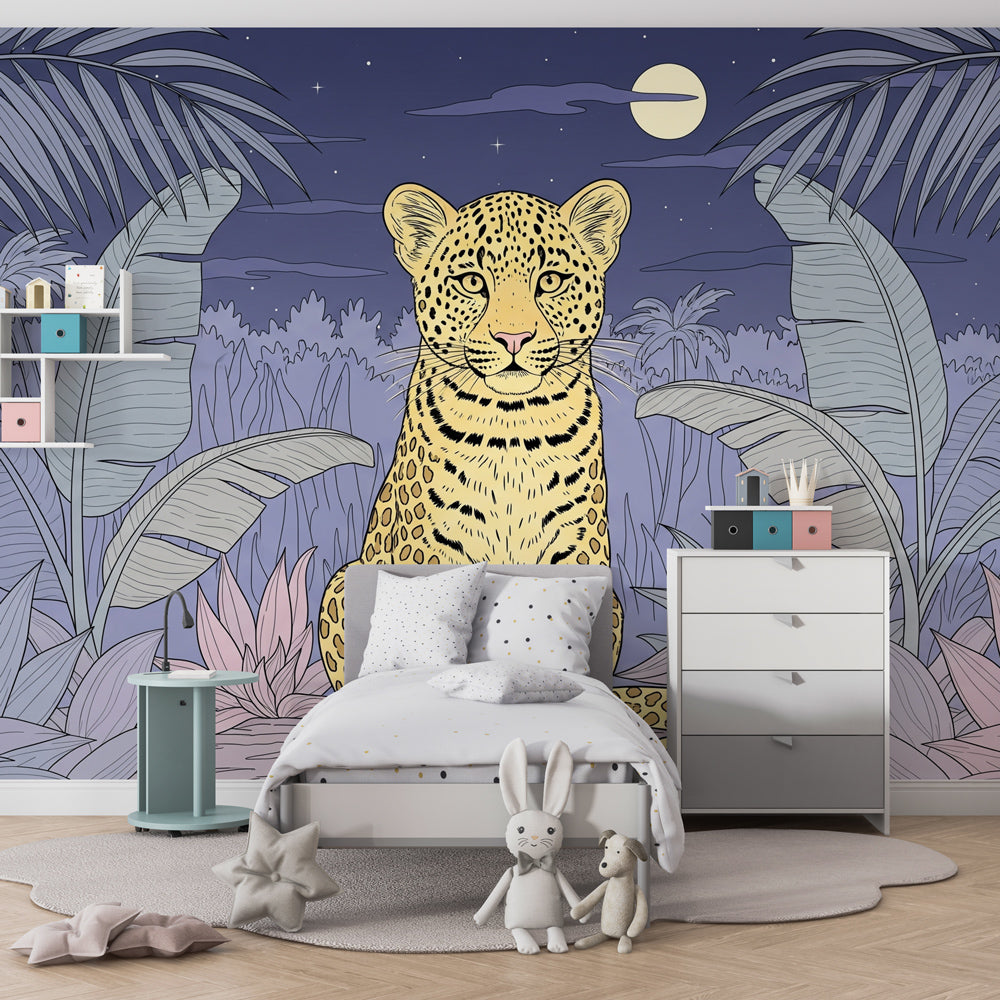 Leopard jungle mural wallpaper in modern kids bedroom with natural wood furniture