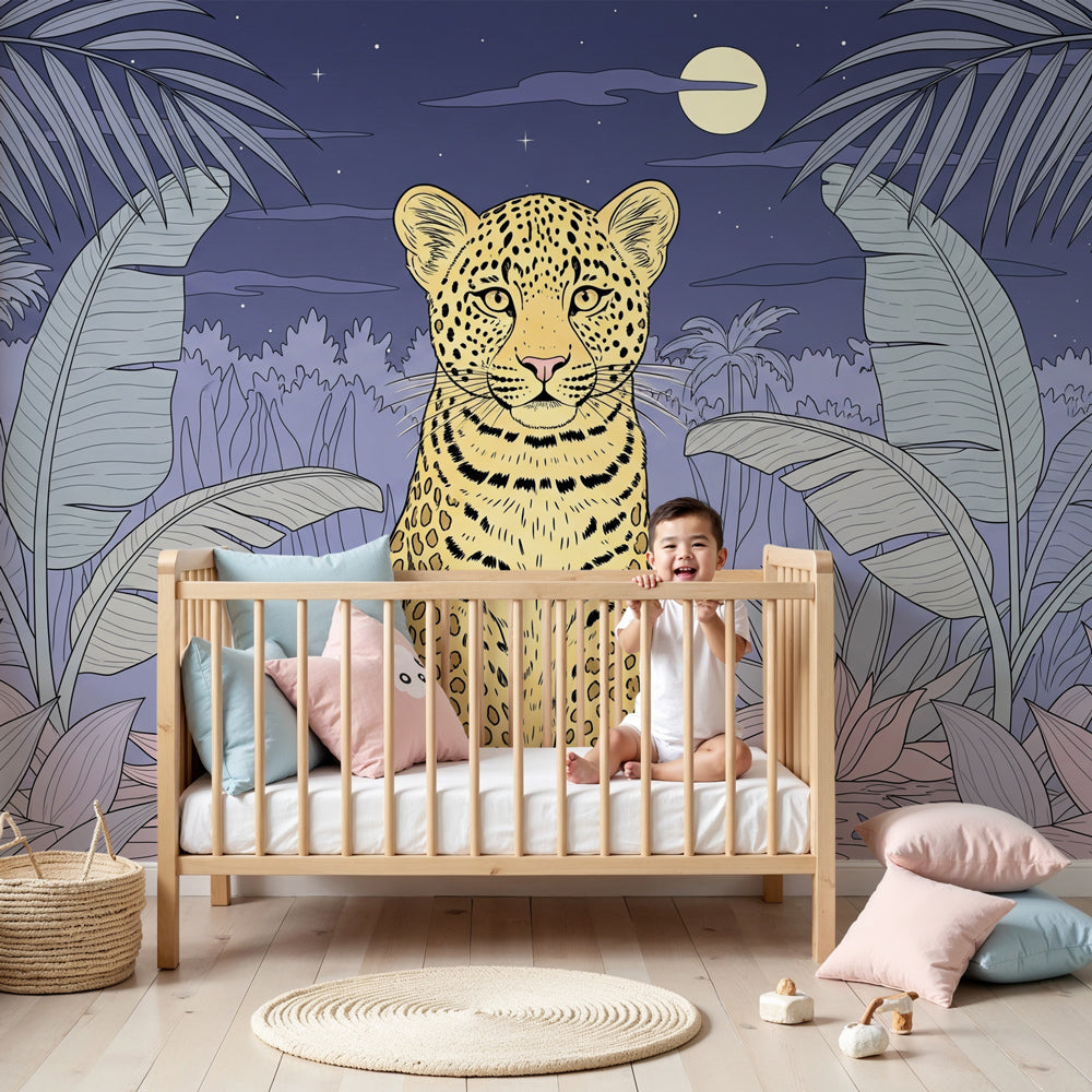 Majestic leopard mural wallpaper creating magical jungle nursery decor by Kids-Mundo