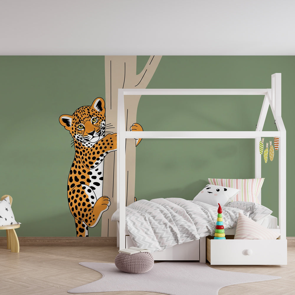 Safari leopard mural wallpaper creating adventure theme in children's bedroom decor
