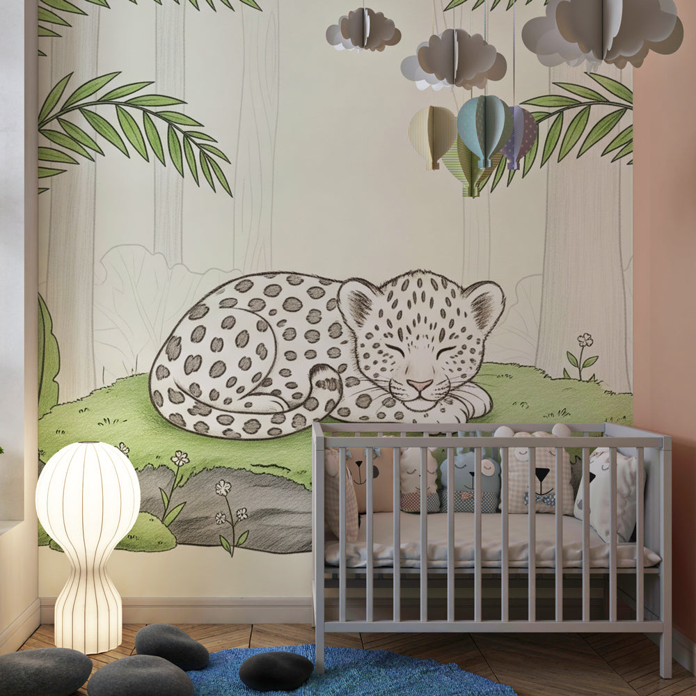 Peaceful leopard wallpaper creating calming jungle atmosphere in children's bedroom decor