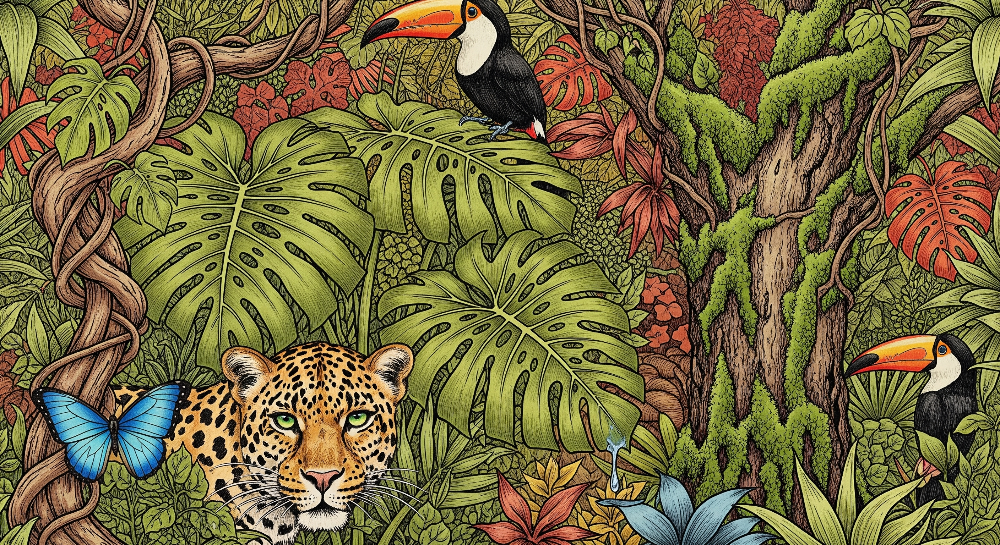 Kids-Mundo flat artwork of a leopard and toucan jungle mural with mossy trees