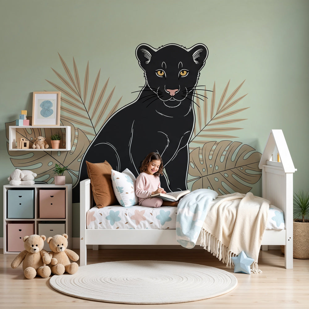 Tropical leopard mural wallpaper in modern nursery with natural wood furniture by Kids-Mundo