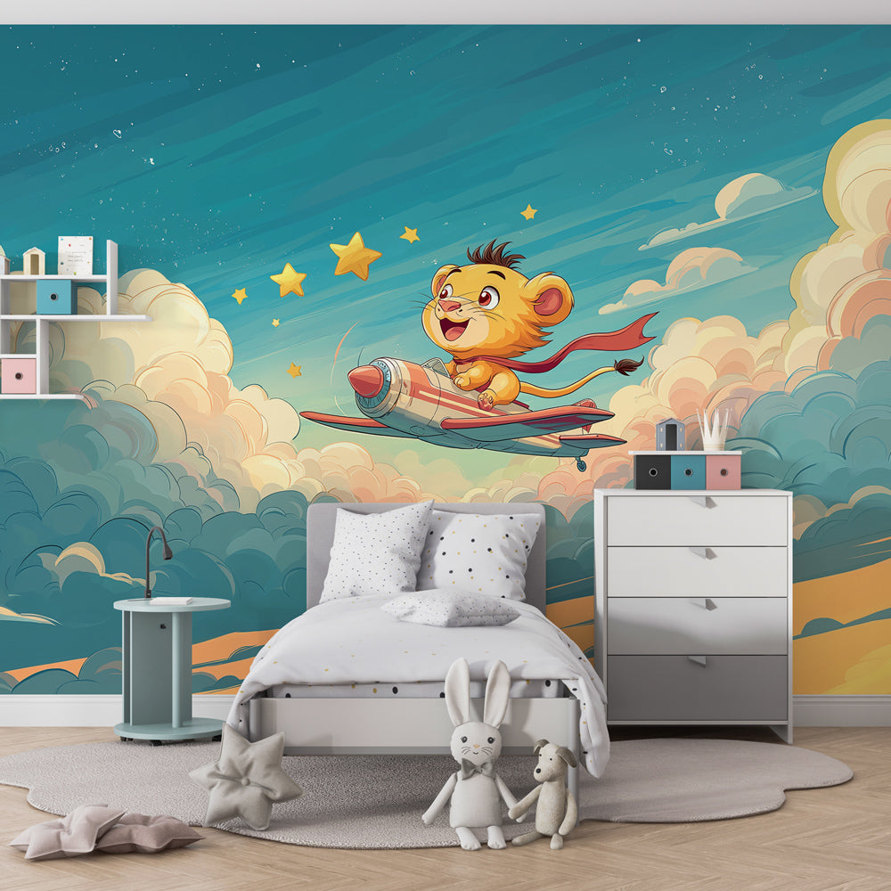 Adventure themed lion wallpaper creating magical atmosphere in children's bedroom
