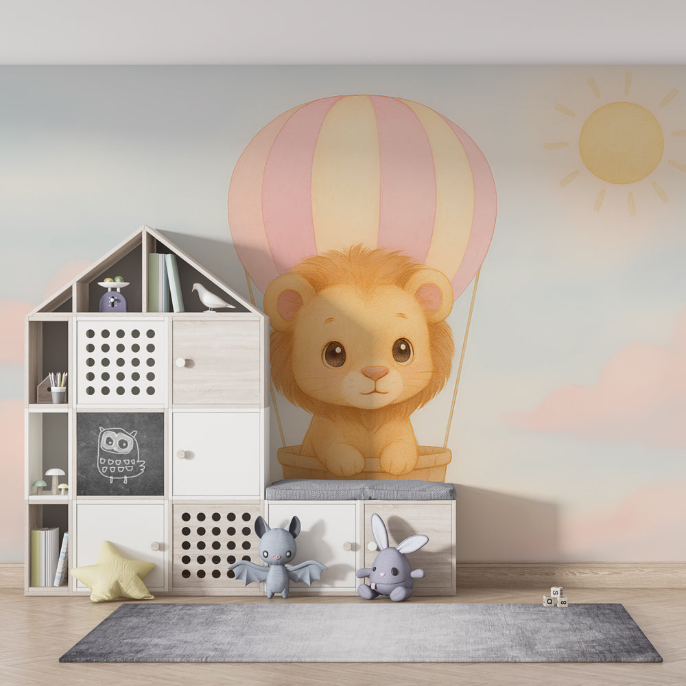 Cute lion adventure wallpaper creating magical atmosphere in children's bedroom