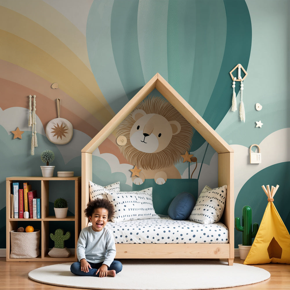 Lion hot air balloon mural wallpaper in cozy nursery with soft lighting by Kids-Mundo