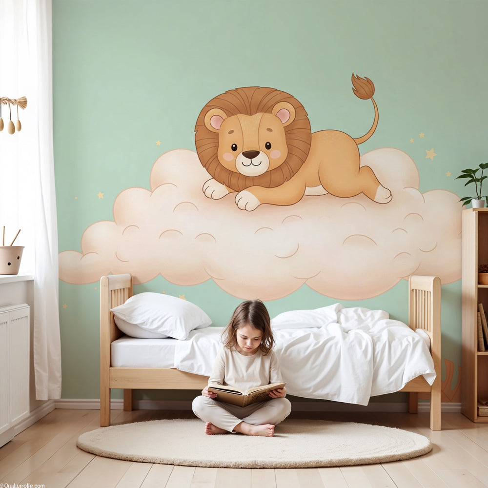 Lion cloud mural wallpaper in modern nursery with soft green tones by Kids-Mundo