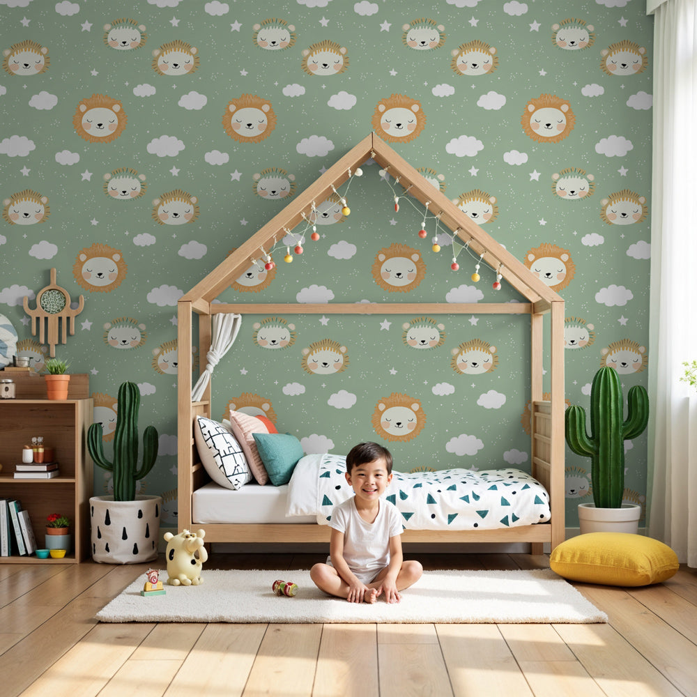 Lion clouds mural wallpaper creating gentle safari nursery decor with soft green tones by Kids-Mundo