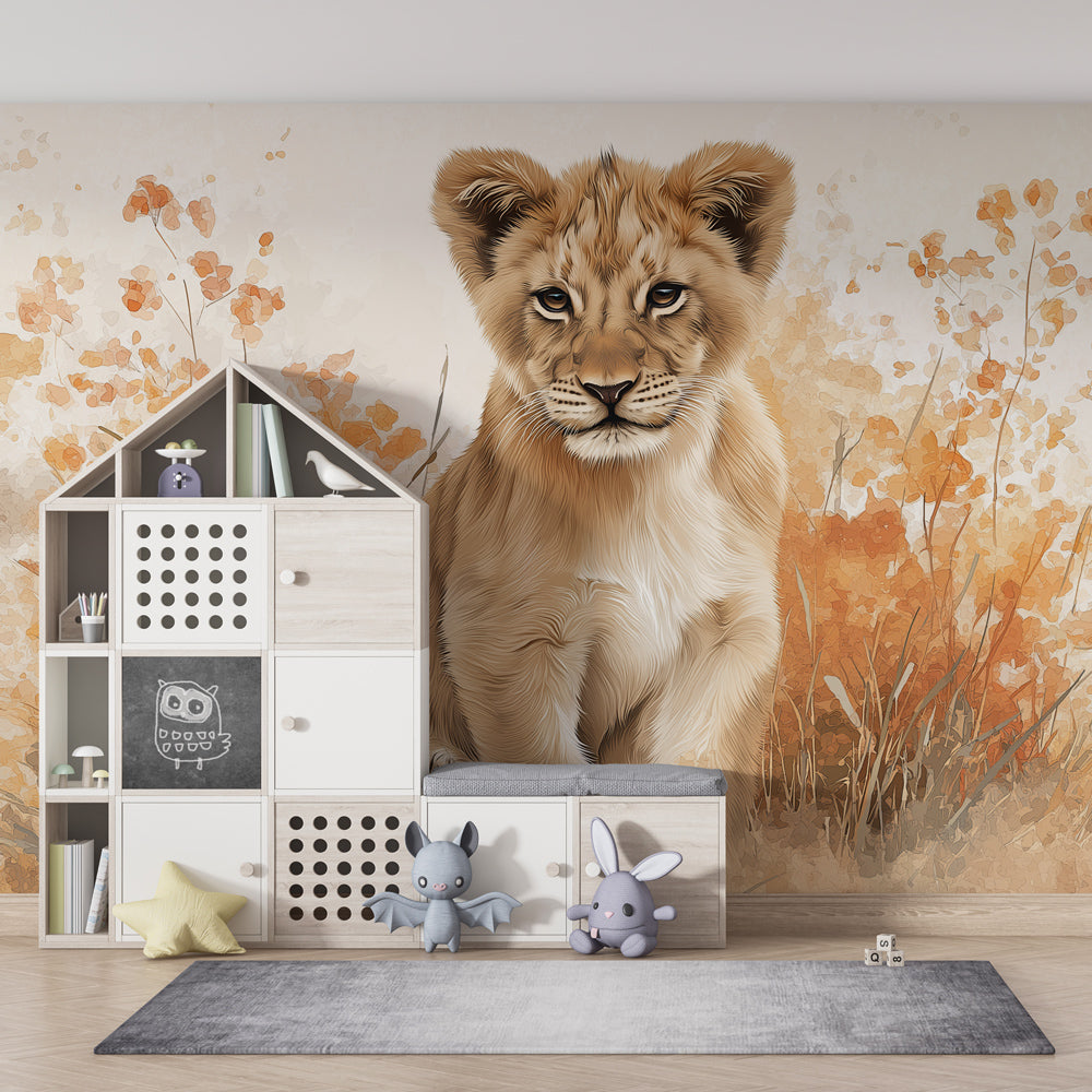 Adorable lion cub wallpaper creating safari-themed kids bedroom with warm autumn colors