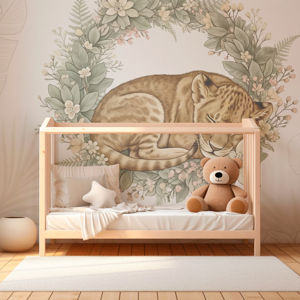Peaceful safari lion cub wallpaper creating calming atmosphere in children's bedroom