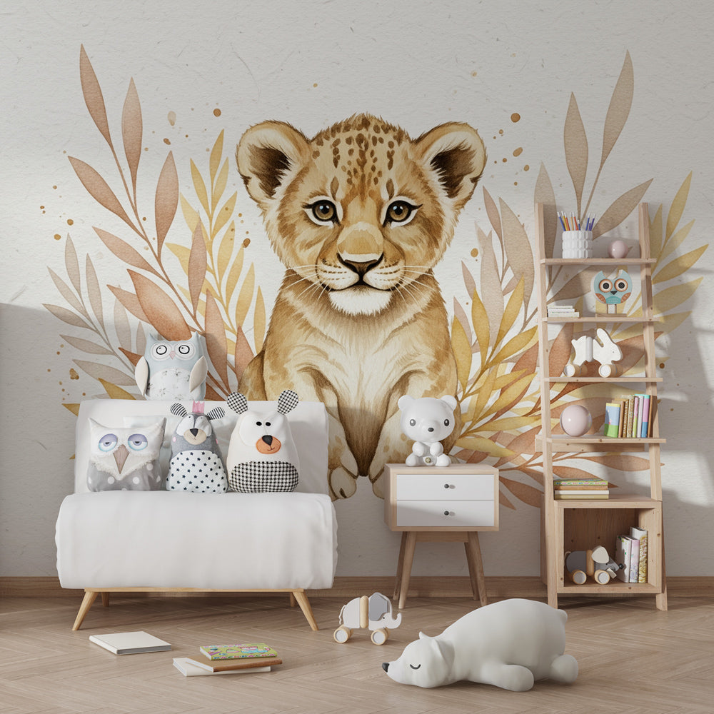 Gentle lion and foliage mural wallpaper transforming kids bedroom into safari adventure space