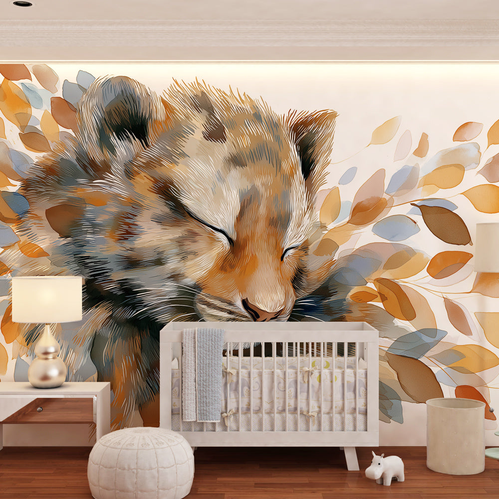 Safari animal wallpaper with sleeping lion cub in modern children's bedroom