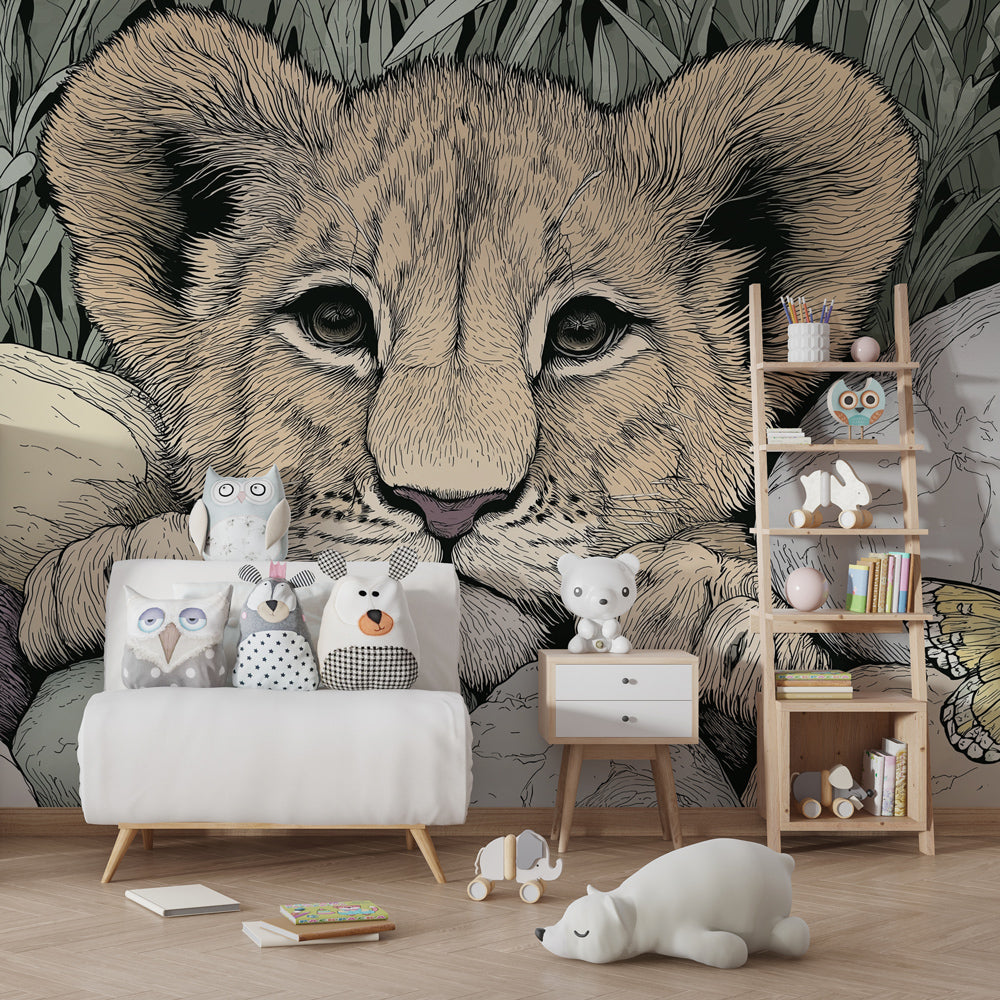 Curious lion cub and butterflies wallpaper creating magical safari atmosphere in kids bedroom