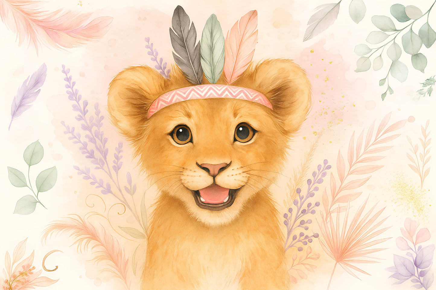 Detailed lion cub with feathered headband mural wallpaper design pattern surrounded by floral motifs by Kids-Mundo
