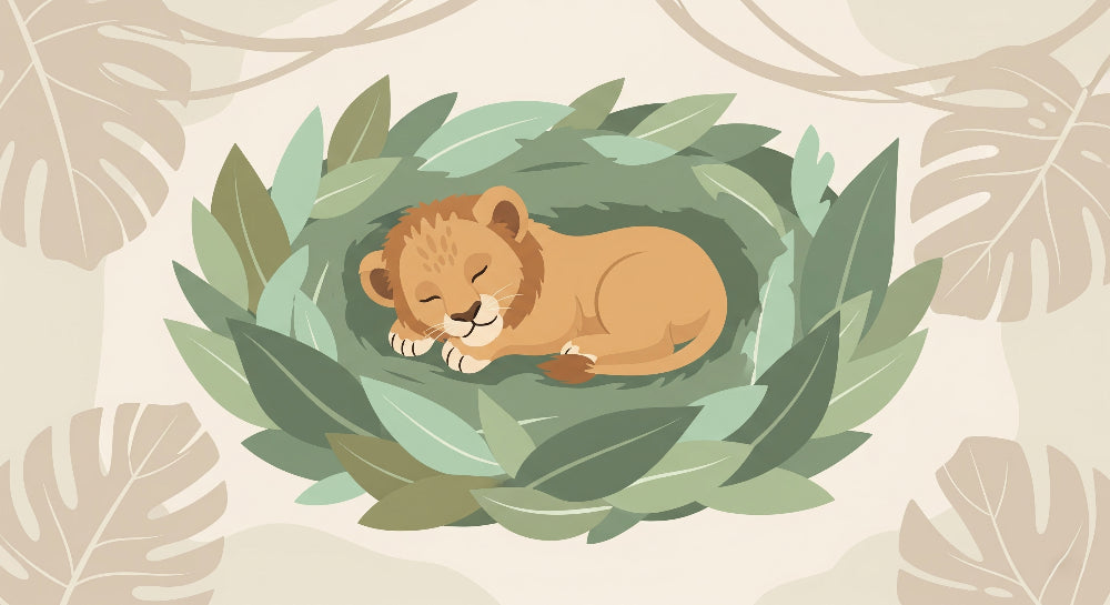 Detailed lion cub sleeping in foliage mural wallpaper design pattern by Kids-Mundo