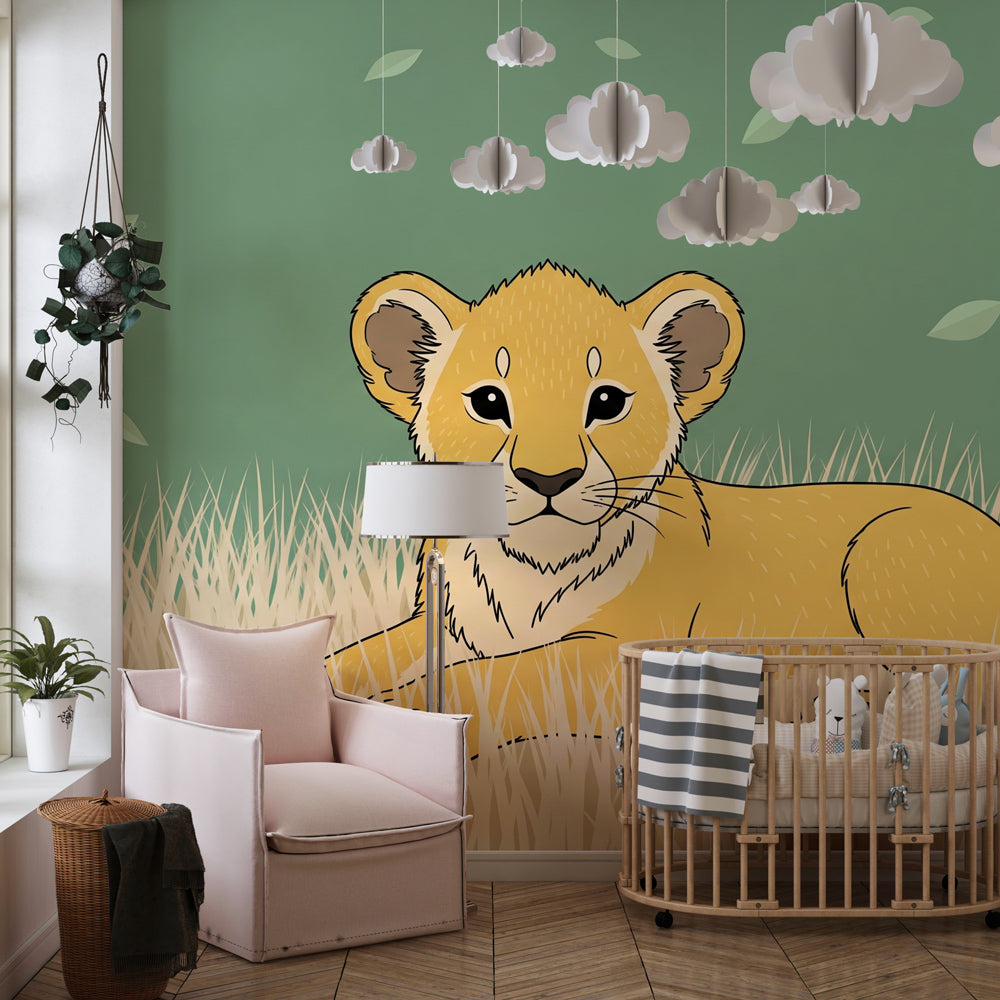 Safari lion cub wallpaper creating cozy children's bedroom decor with warm lighting