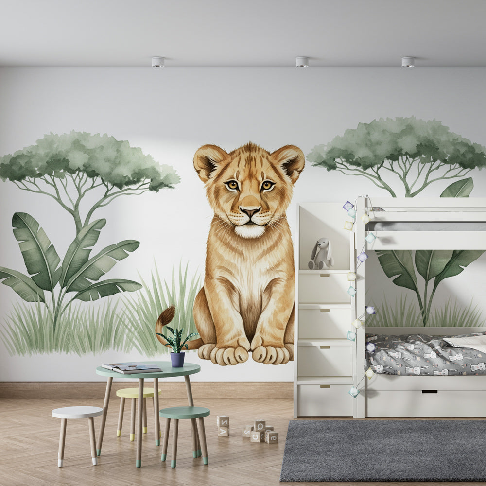 Safari savanna wallpaper creating adventurous atmosphere in children's bedroom with earth tones