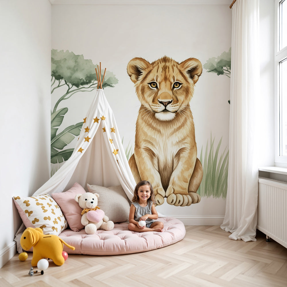 Lion cub safari mural wallpaper in modern nursery with natural wood furniture by Kids-Mundo