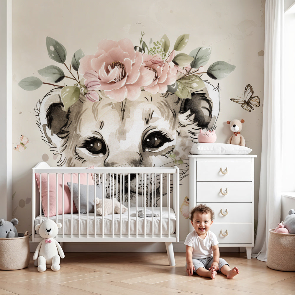 Lion cub floral mural wallpaper in modern nursery with beige and pastel tones by Kids-Mundo