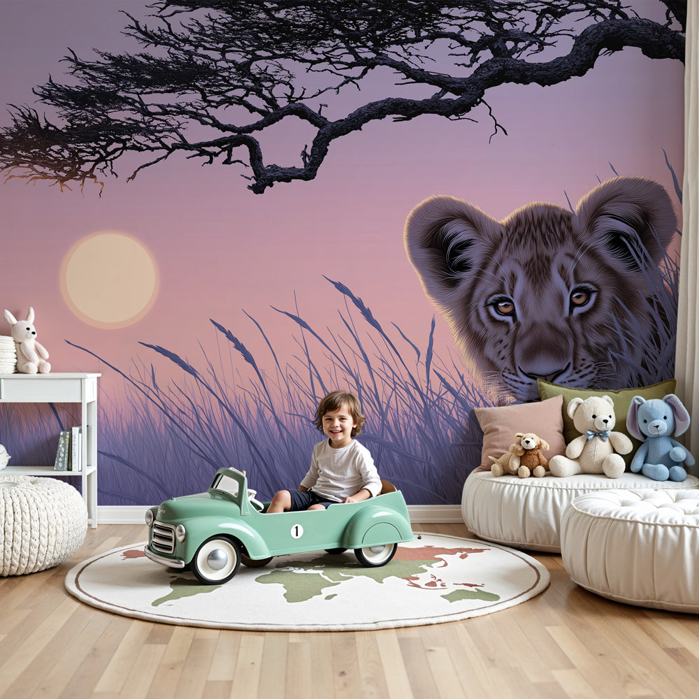 Lion cub mural wallpaper with savanna sunset creating magical nursery decor by Kids-Mundo