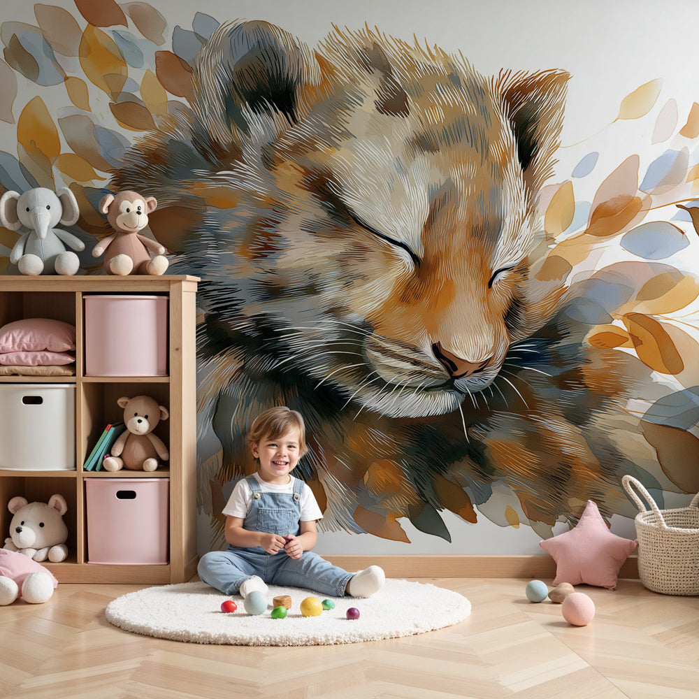 Lion cub mural wallpaper creating peaceful safari nursery decor by Kids-Mundo