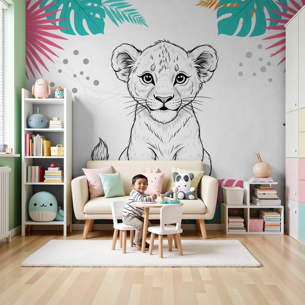 Lion cub tropical mural wallpaper creating safari-themed nursery decor by Kids-Mundo
