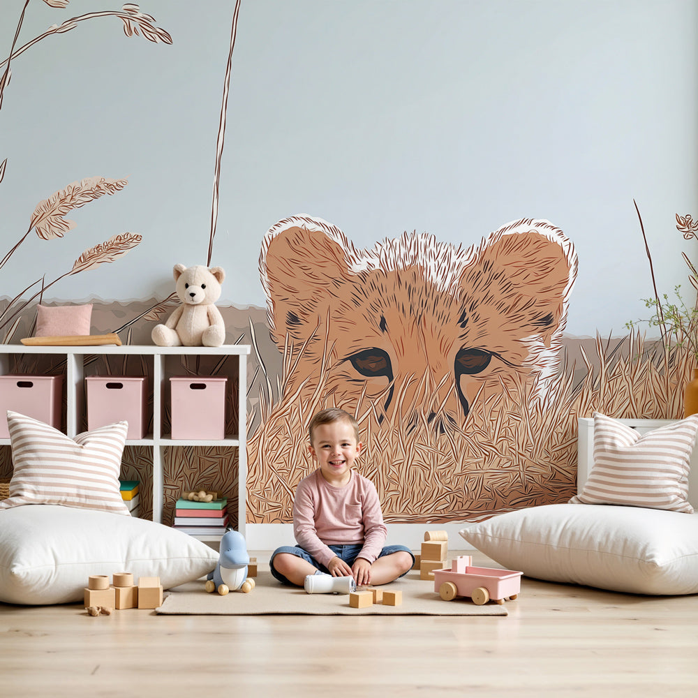 Lion cub mural wallpaper creating adventurous safari nursery decor by Kids-Mundo