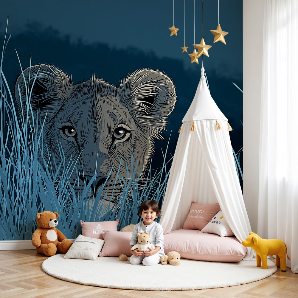 Lion cub safari mural wallpaper creating adventurous atmosphere in modern nursery by Kids-Mundo