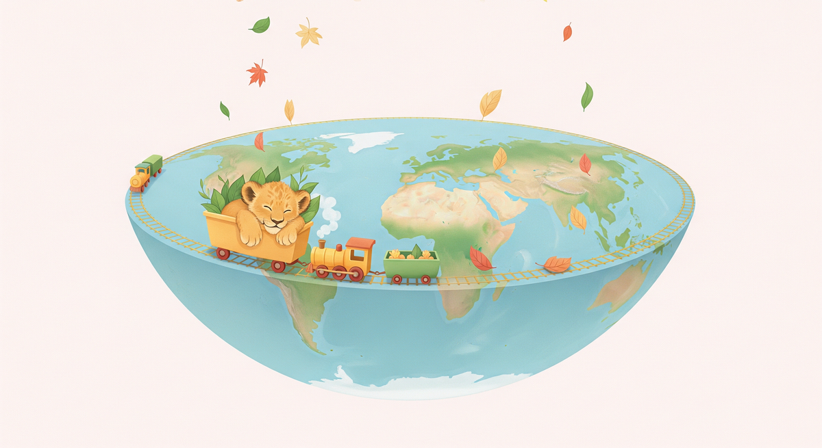 Sleepy Lion Cub and Toy Train World Map Wall Mural