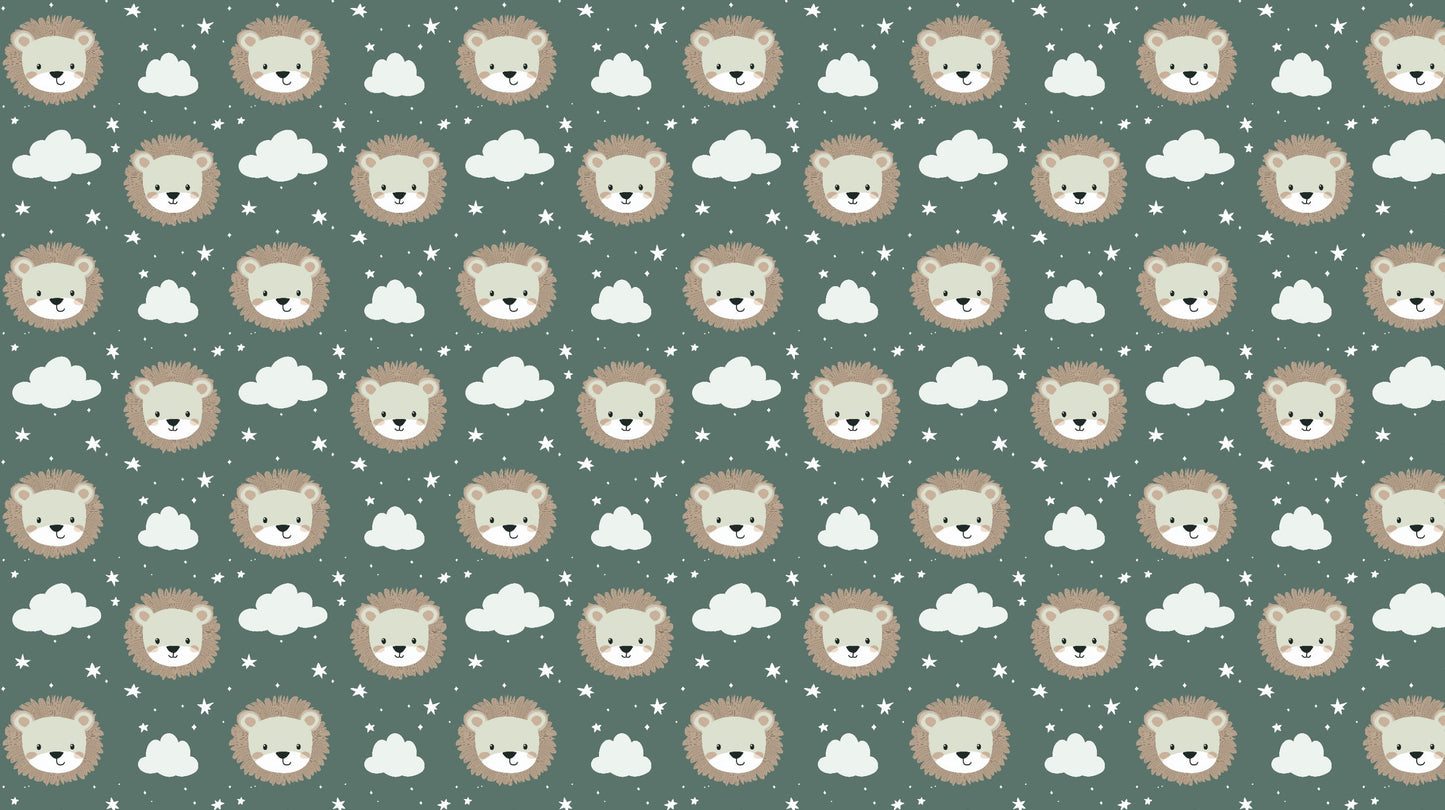 Detailed lion face mural wallpaper design pattern with clouds and stars by Kids-Mundo