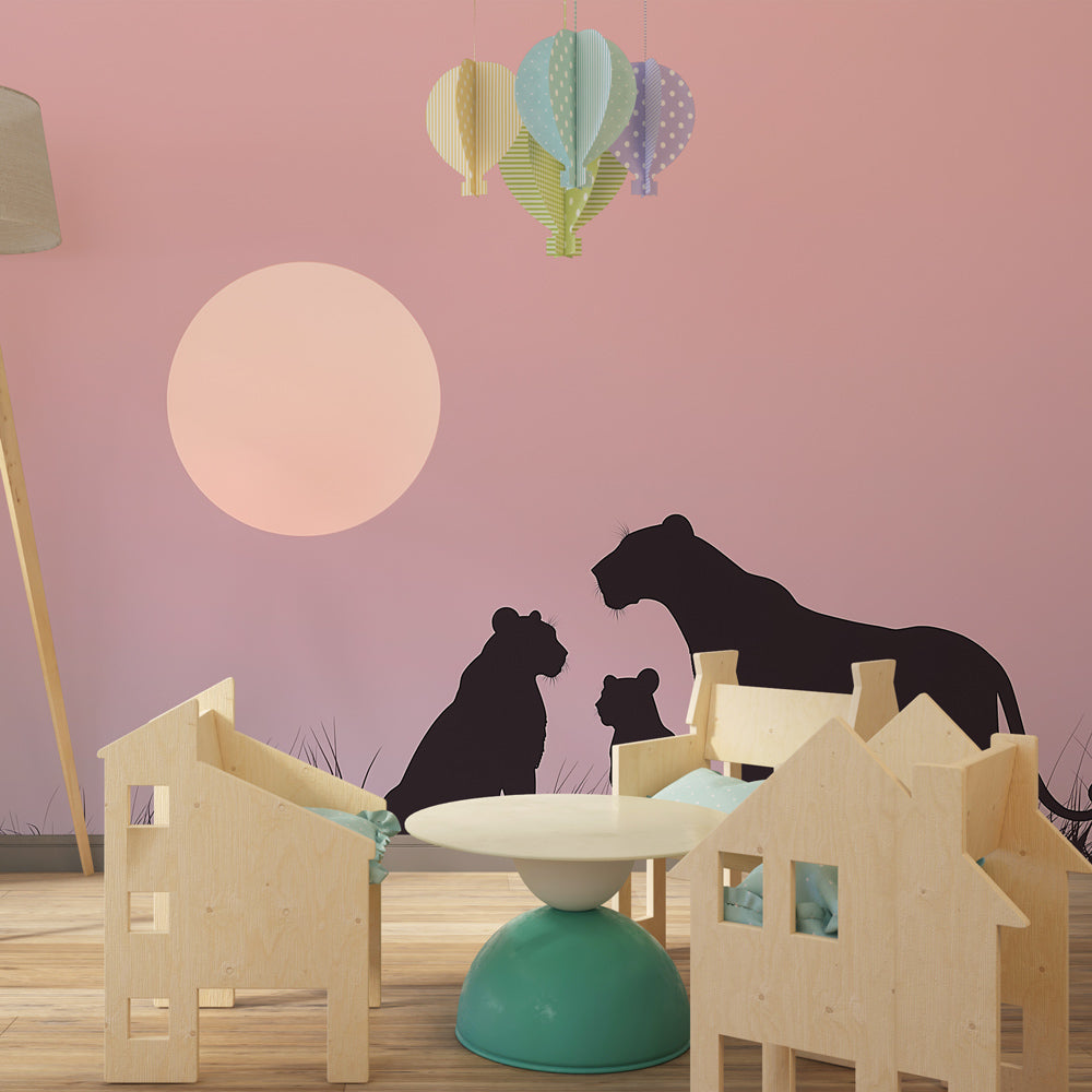 Safari lion wallpaper transforming modern kids bedroom into African savanna by Kids-Mundo