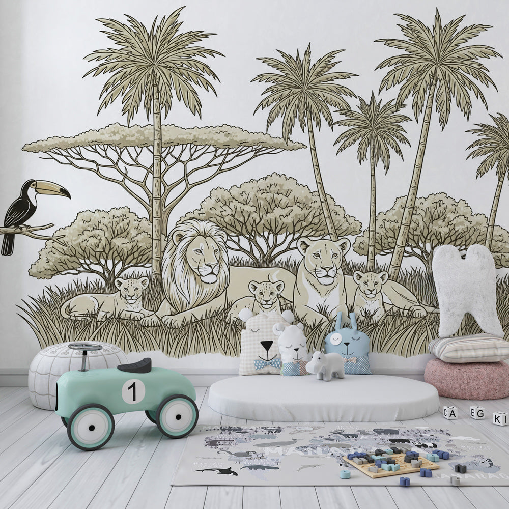 Safari lion wallpaper transforming children's bedroom into African adventure space by Kids-Mundo
