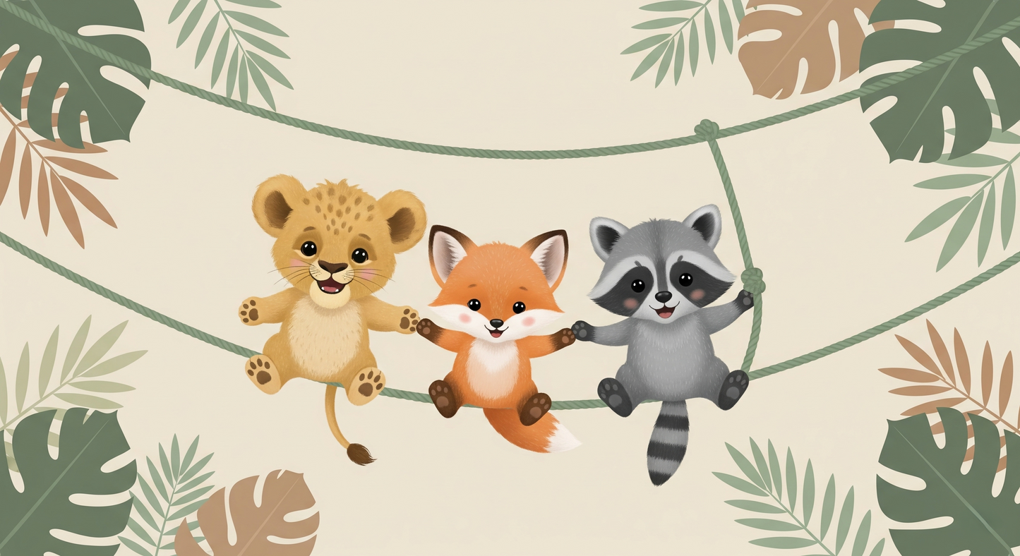 Flat artwork preview of the Kids-Mundo lion, fox and raccoon friends wall mural design