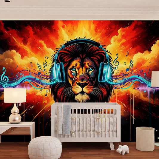 Kids-Mundo lion headphones wall mural made to measure covering a feature wall in a kids bedroom
