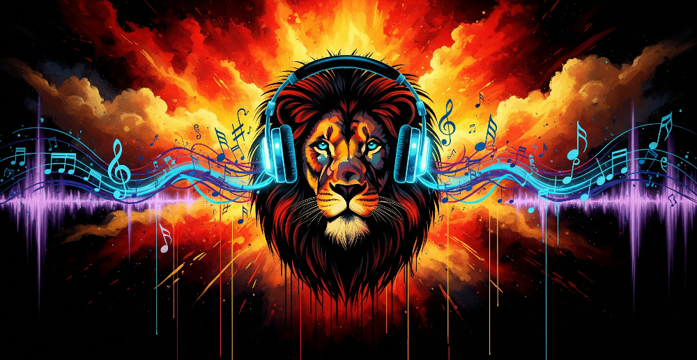 Lion with Headphones and Sound Waves Wall Mural