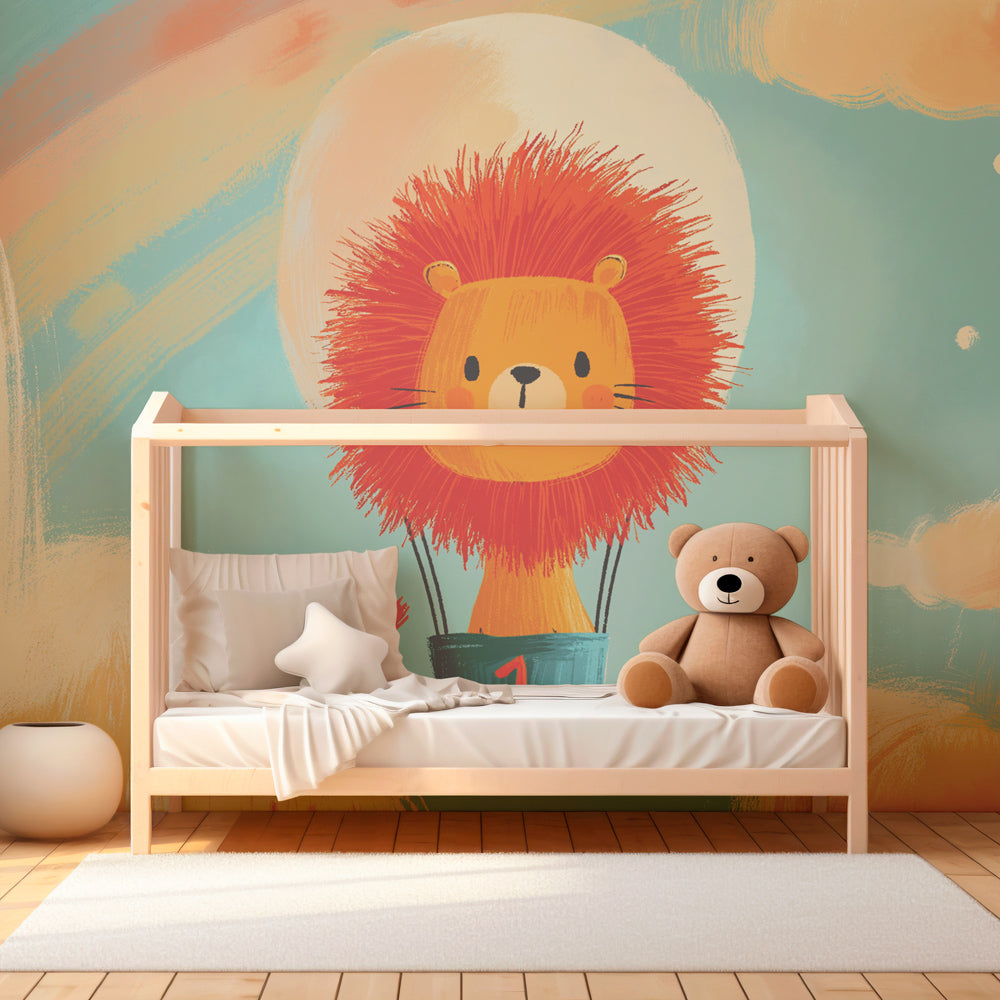 Adventure-themed lion balloon wallpaper creating magical atmosphere in children's bedroom