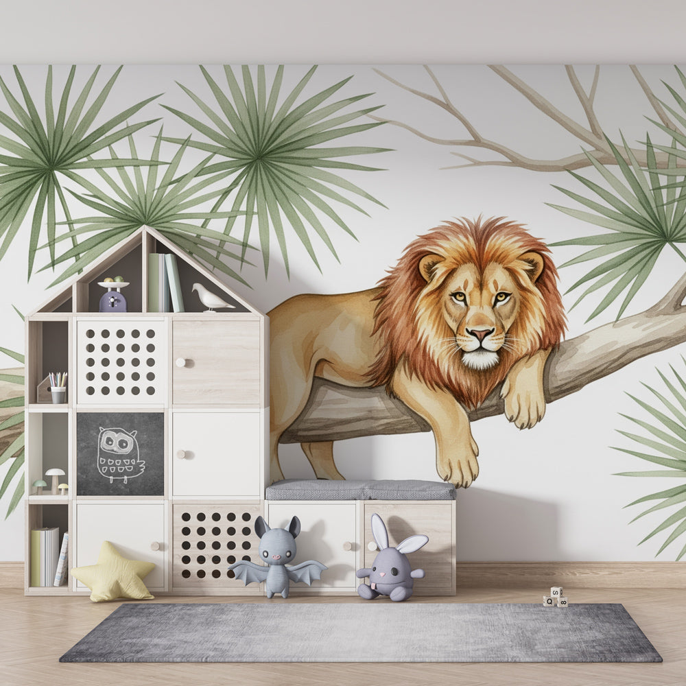 Majestic lion wallpaper transforming children's bedroom into wildlife adventure space