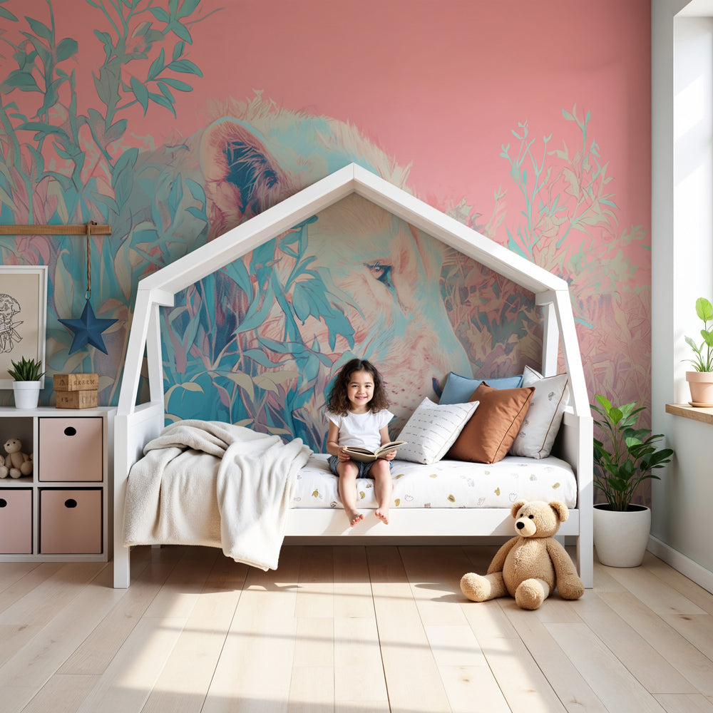 Lion jungle mural wallpaper decorating modern nursery with soft pastel safari theme by Kids-Mundo