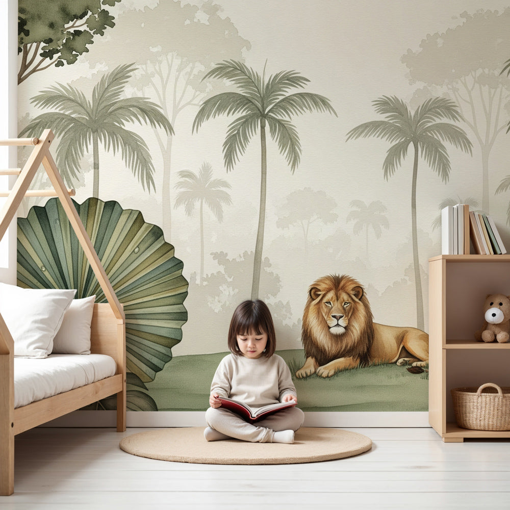 Lion jungle mural wallpaper creating safari adventure theme in modern kids bedroom by Kids-Mundo