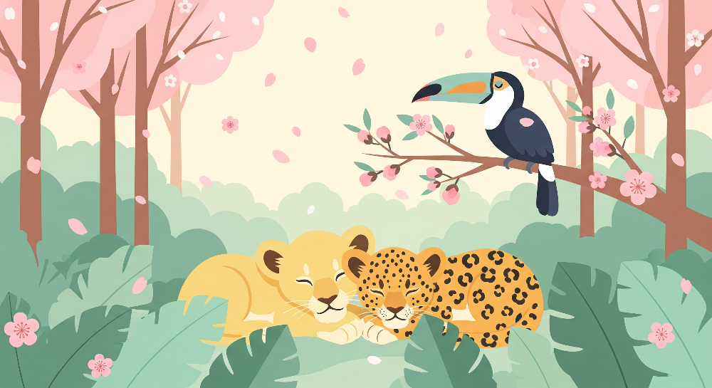 Lion Cub and Leopard Cherry Blossom Forest Wall Mural