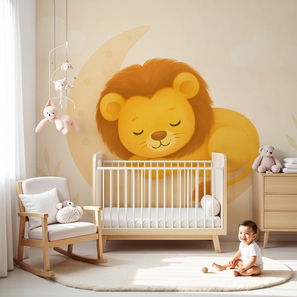 Lion moon mural wallpaper creating peaceful safari nursery atmosphere by Kids-Mundo