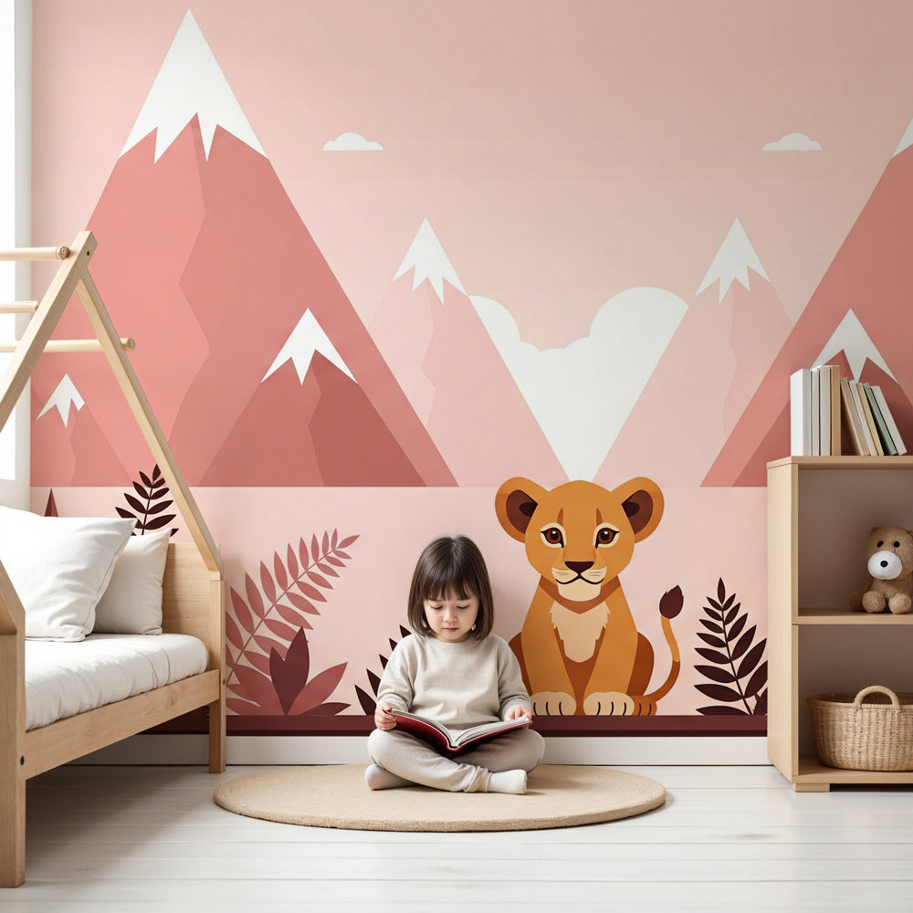 Lion mountain mural wallpaper creating peaceful safari nursery decor with pastel tones by Kids-Mundo