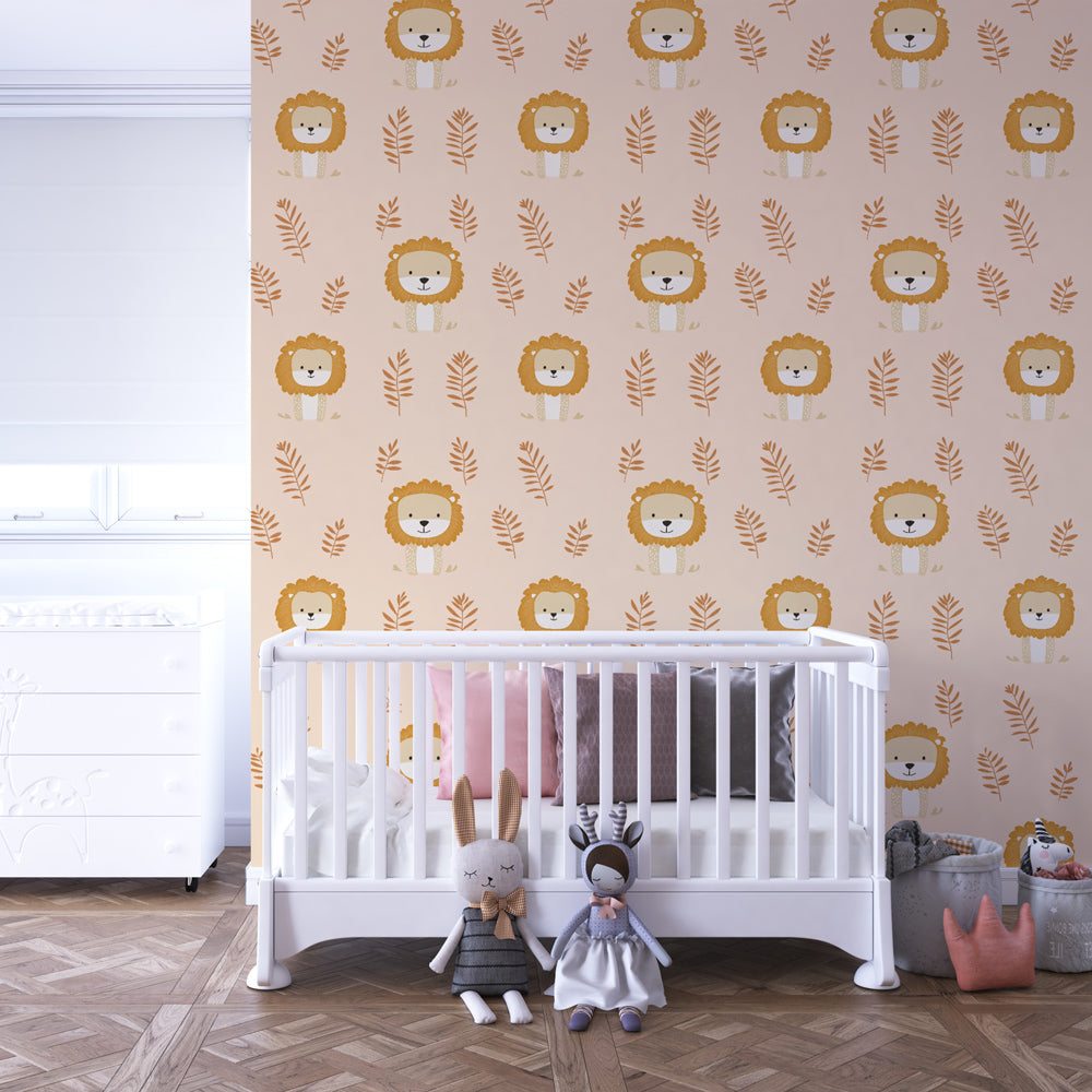 Safari lion wallpaper in modern kids bedroom with natural wood furniture and soft lighting